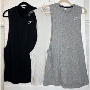 3 Gymshark Mens Medium   Muscle Tank Top T-shirt Logo White Gray & Black